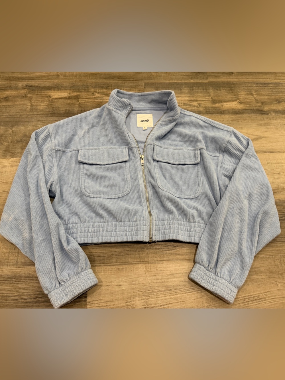 aerie Blue Zip-Up Corduroy Cropped Jacket